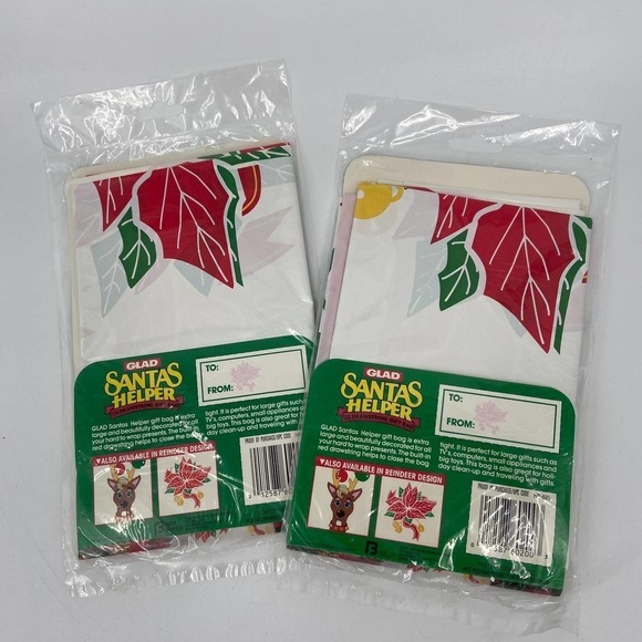 VINTAGE Lot of 2 Glad Santa's Helper XL Drawstring Gift Bag Poinsettia 32" x 40" - Picture 2 of 9